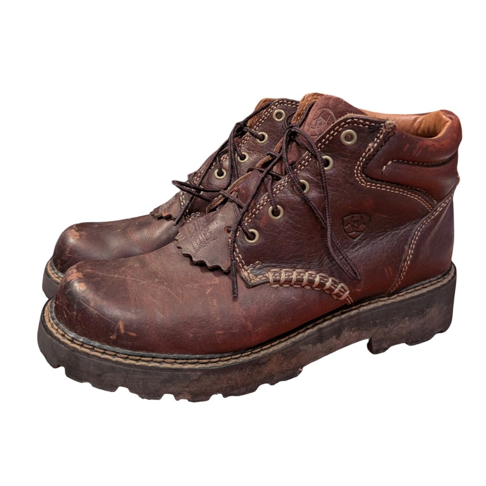Ariat Brown Leather Lace Up Work Boots Kiltie Western Ankle Lug Sole Womens